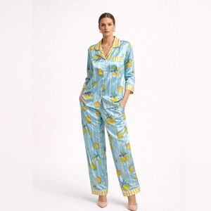 Silky Lemon-Print Pajama Jumpsuit - Light Blue